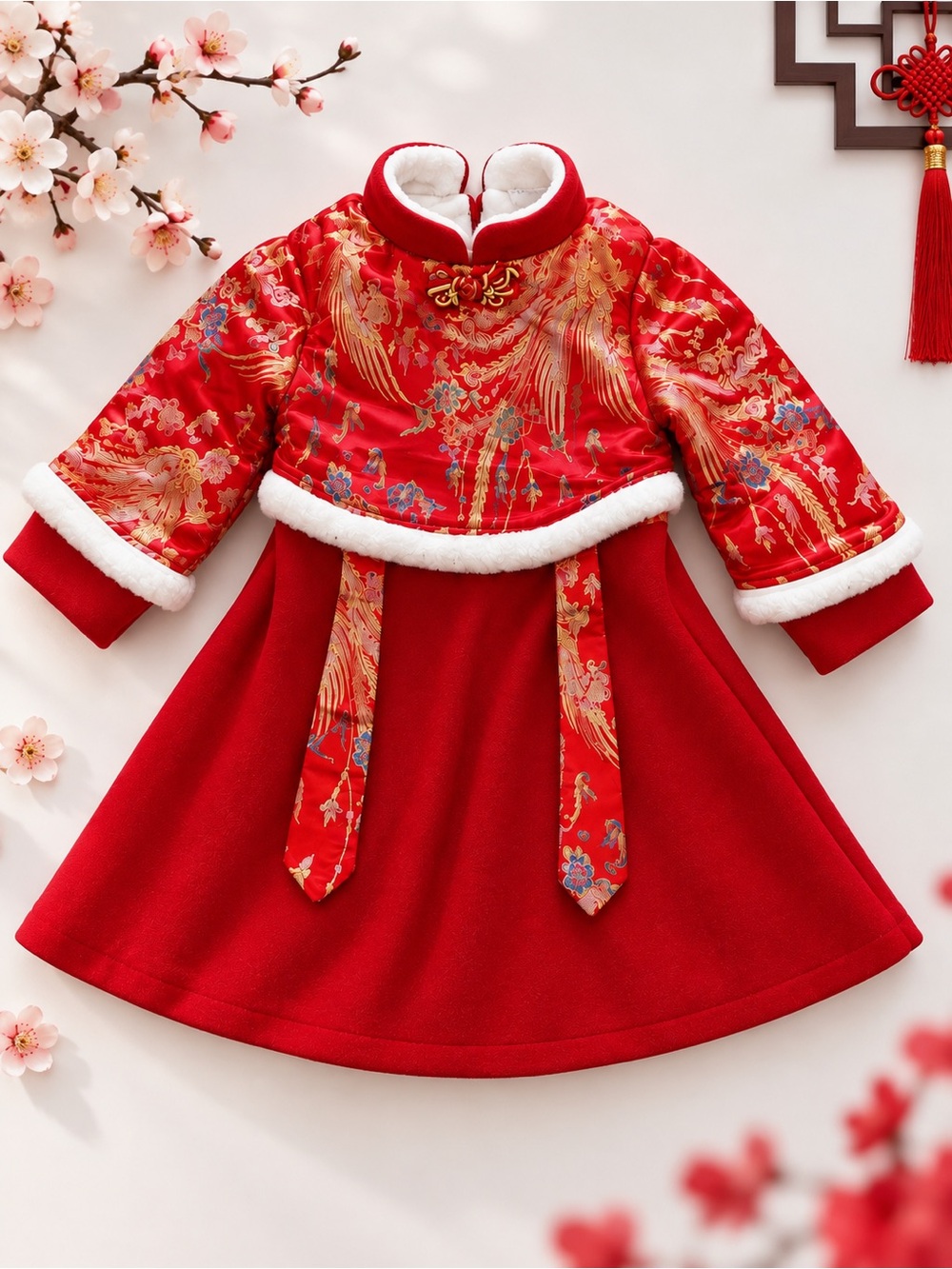 Girls' Red Traditional Festive Dress with Gold Embroidery